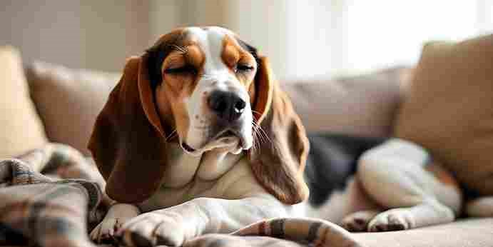 A calm Basset Hound with long ears lying on a couch with a plaid blanket
