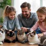 Happy family with various indoor cat breeds relaxing in a cozy living room