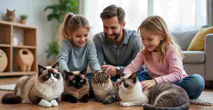 Happy family with various indoor cat breeds relaxing in a cozy living room