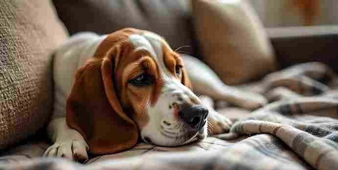 Relaxed dog resting in a new home, showing signs of comfort. dog is adjusting to a new home
