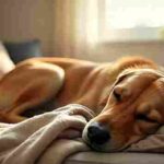 Calm female dog resting on bed during heat cycle