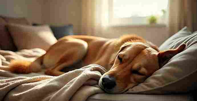 Calm female dog resting on bed during heat cycle