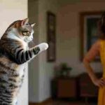 Male cat spraying urine indoors as a territorial behavior.