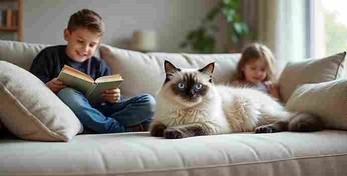Ragdoll cat relaxing with children on a sofa in a cozy family living room
