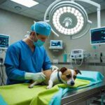 Female dog being comforted by a veterinarian before spaying surgery. Female dog being comforted by a veterinarian before spaying surgery. Female dog being comforted by a veterinarian before spaying surgery.