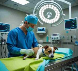 Female dog being comforted by a veterinarian before spaying surgery. Female dog being comforted by a veterinarian before spaying surgery. Female dog being comforted by a veterinarian before spaying surgery.