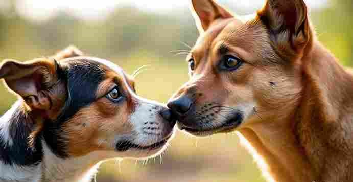 A dog sniffs another dog to recognize its family scent, showing how dogs remember their family through smell and familiarity