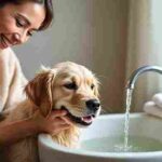 Golden retriever puppy enjoying a safe bath at home with puppy shampoo