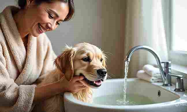 Golden retriever puppy enjoying a safe bath at home with puppy shampoo