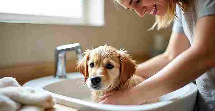 A dog owner is showing how to wash a puppy