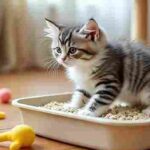 Kitten exploring a clean litter box for the first time