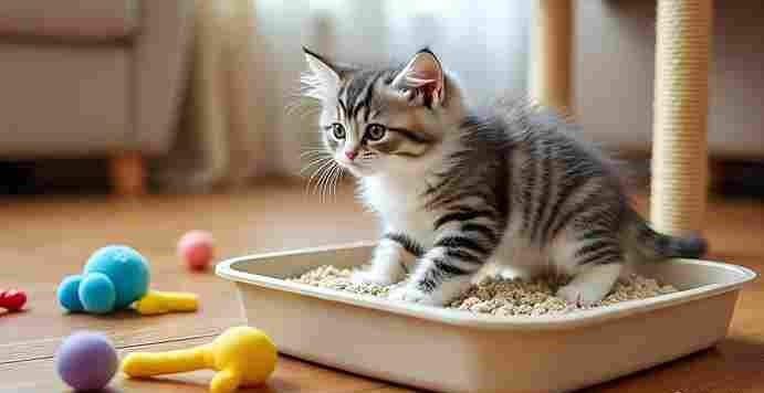 Kitten exploring a clean litter box for the first time