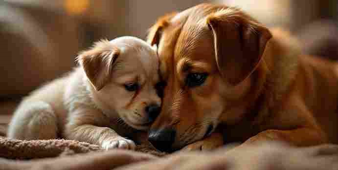 Puppy bonding with mother dog during early socialization