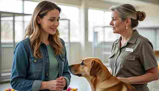 Woman asking questions to a shelter worker before adopting a dog
