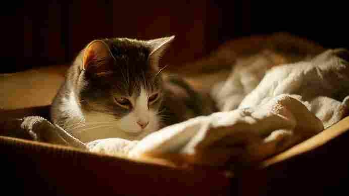 Pregnant cat nesting in a box before giving birth.