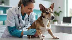 Veterinarian explaining if a dog can get pregnant when not in heat during a clinic visit