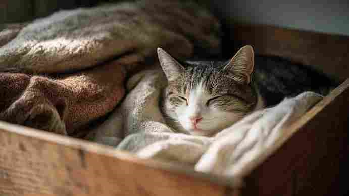 Care for a Pregnant Cat, Pregnant cat resting in a cozy nesting area prepared for safe birth at home.