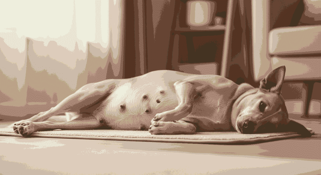 pregnant dog resting on mat showing signs of pregnancy