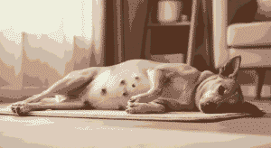 pregnant dog resting on mat showing signs of pregnancy