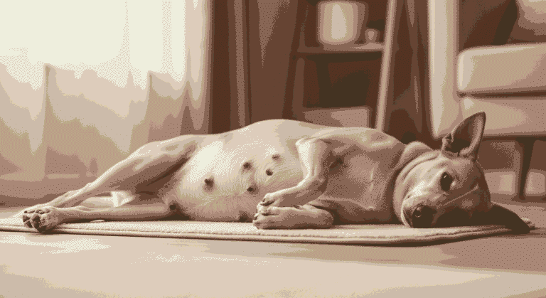 pregnant dog resting on mat showing signs of pregnancy