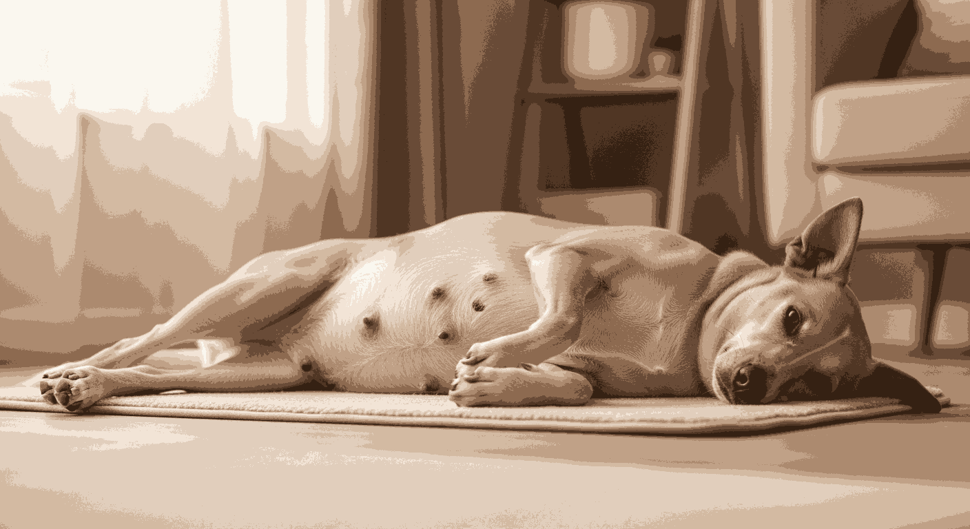 pregnant dog resting on mat showing signs of pregnancy