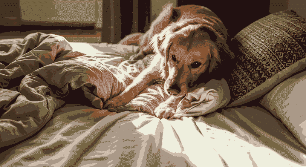 Dog digging on a bed before lying down