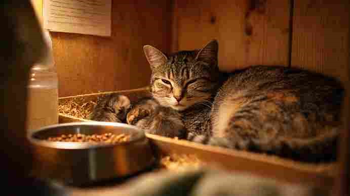 Mother cat resting and caring for her newborn kittens after giving birth.