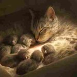 Mother cat nursing her kittens after giving birth.