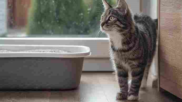 A confused cat standing near a clean litter box but looking away, indoor home setting